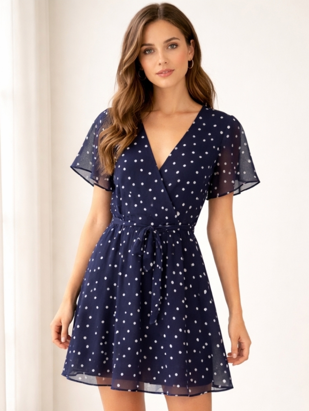 Just Fab Navy Blue Polka Dot Wrap Dress | V-Neck Flutter Sleeve | Elastic Waist